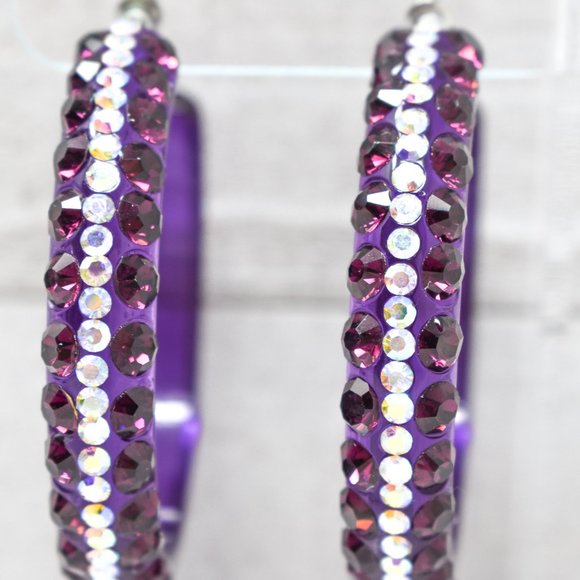 2.5" Clear Purple Lucite 5 Row Rhinestone Earrings - Picture 3 of 11